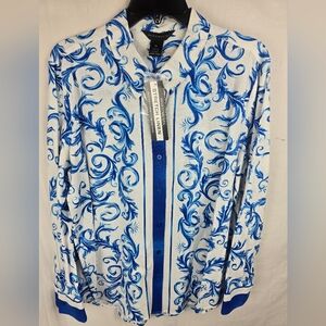 NWT Investments Blue and White Floral Linen Blend Long Sleeve Shirt Sz XL